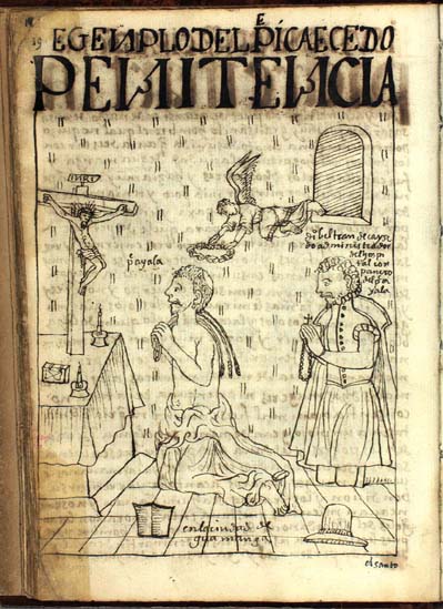 Father Martín de Ayala flagellates himself in the presence of Diego Beltrán de Caysedo. (p. 19)