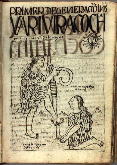 Guamán Poma’s illustration of the “first age” of the Indians in pre-Columbian South America. The hand-written title reads: “PRIMER GENERACION DE IN[DI]OS, VARI VIRA COCHA Runa, primer yndio deste rreyno (The first generation of Indians, Vari Vira Cocha Runa, the first Indian of this kingdom.) (Royal Library of Denmark) 