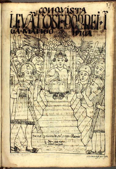 El nuevo rey Mango Ynga, en su trono ceremonial en el Cuzco (pág. 400)