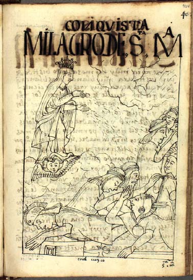 El milagro de Santa María de Peña de Francia: Al lanzarse a la batalla, los soldados incaicos se asombran por la visión milagrosa y huyen. (pág. 404)