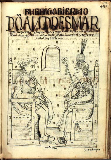 El virrey don Andrés Hurtado de Mendoza recibe a Sayri Topa Ynga, el rey del Perú, y le honra en Lima. (pág. 442)