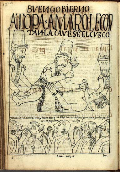 The execution of Tupac Amaru Inka by order of the Viceroy Toledo, as distraught Andean nobles lament the killing of their innocent lord (p.453)