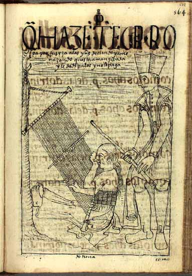 El padre de doctrina amenaza a la tejedora andina que trabaja por orden suyo. (pág. 578)