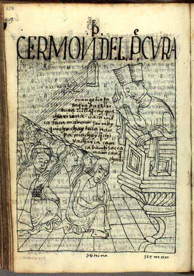 El sermón en quechua del cura trae sueño a algunos de sus feligreses, la paloma del Espíritu Santo a todos. (pág. 623)