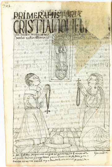 Cristianos negros devotos, que salen de los negros bozales de África (“Guinea”), rezan el rosario delante de una imagen de la Virgen María. (pág. 717)