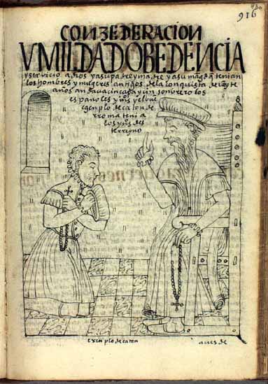 Un cristiano se arrodilla ante su señor, siguiendo el ejemplo de Catón de Roma, con la obediencia característica de los cristianos en los primeros años de la conquista. (pág. 930)