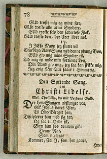 Samling af åndelige digte fra 1713, der bruger Chrysillis som melodiangivelse. Klik for større billede