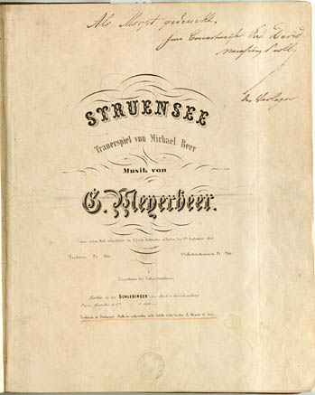 Titelblad fra G. Meyerbeers sørgespil 'Struensee'